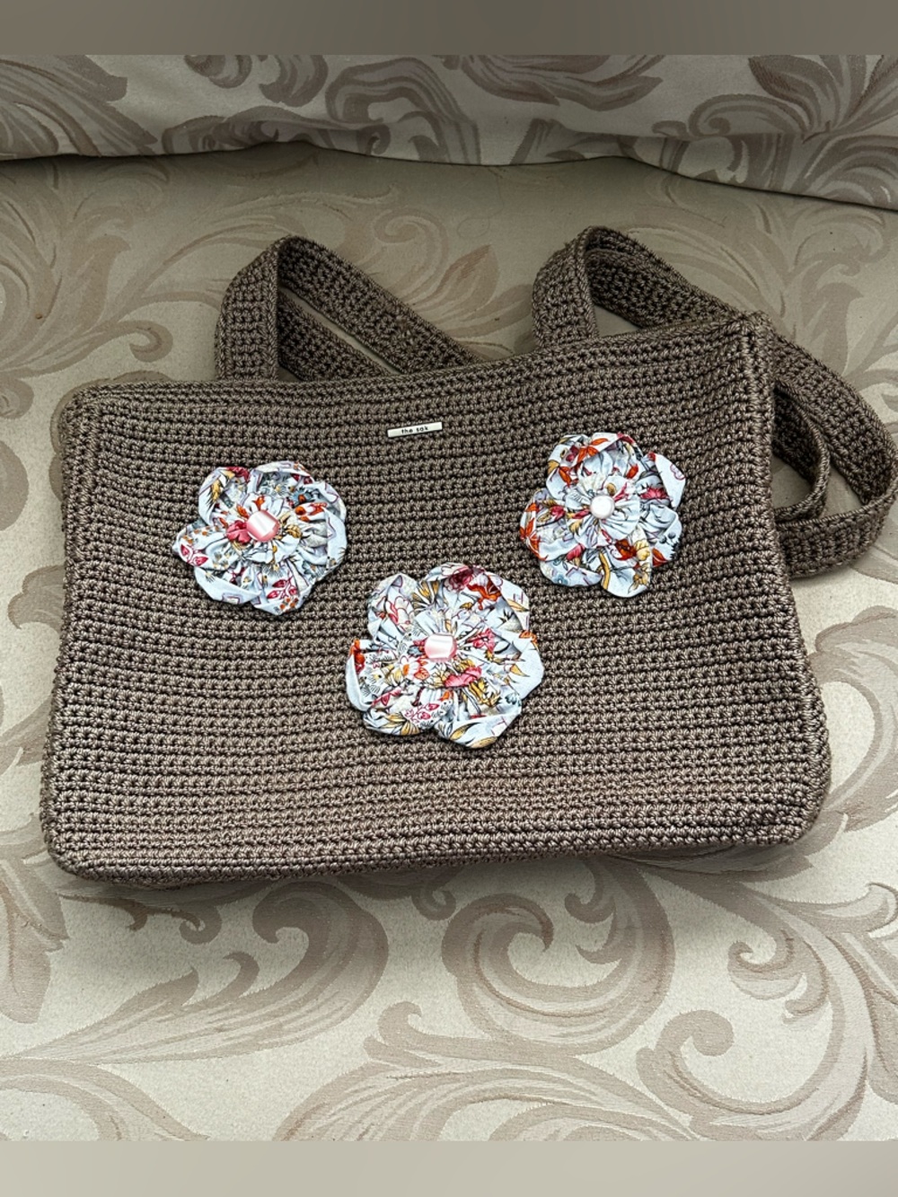 The Sak Crochet Shoulder Bag with Floral Appliqués - Brown